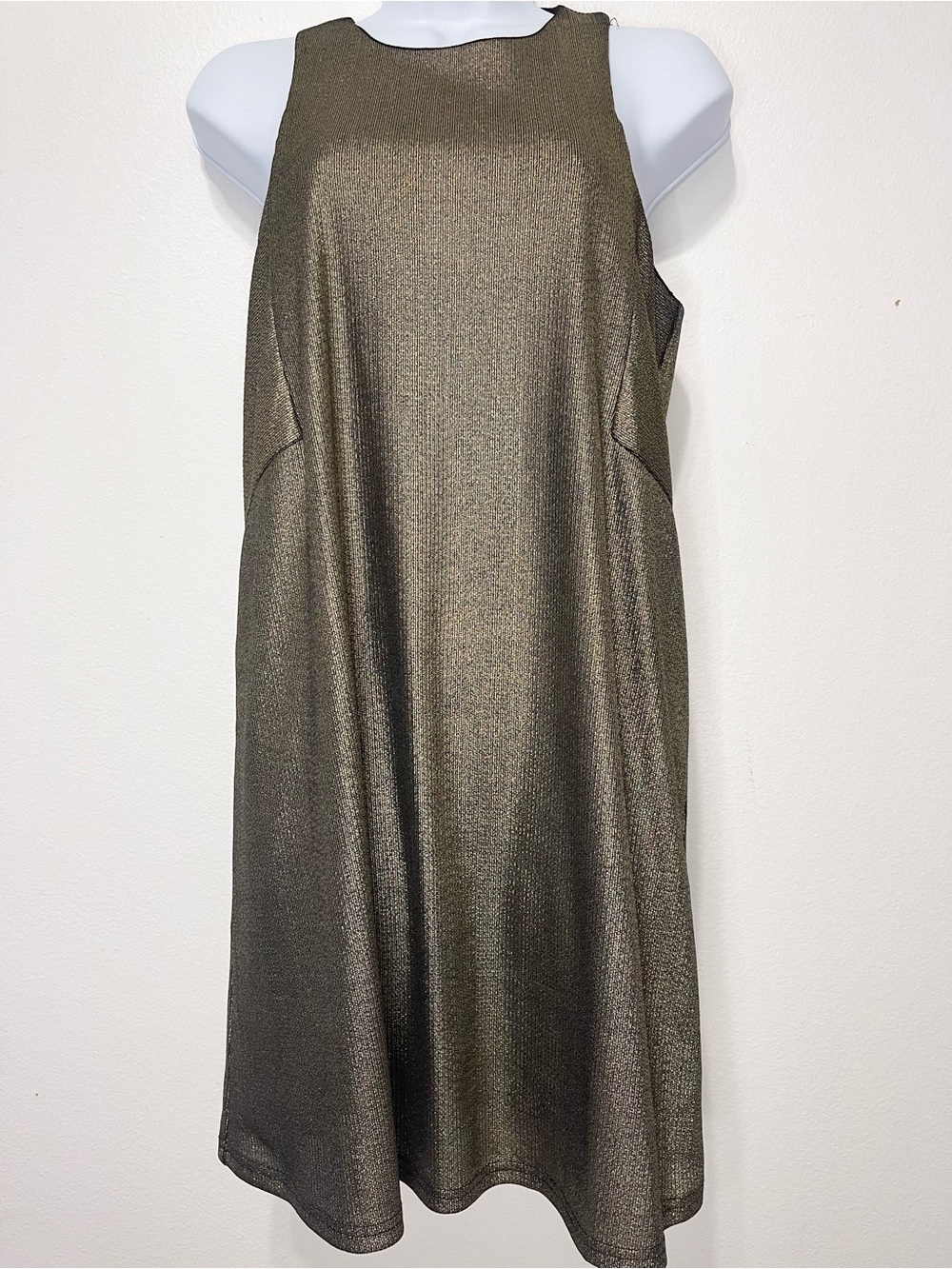 She + Sky Metallic Olive Gold Shift Mini Dress PTP 18โ-19โ EUC